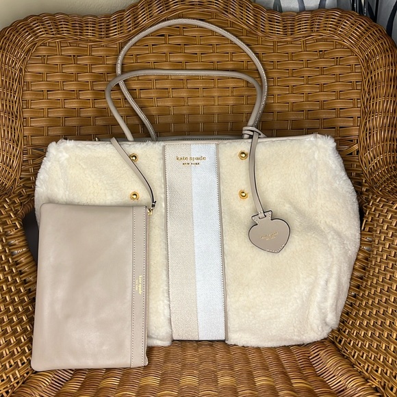 ♠️kate spade Everything Racing Stripe Faux Shearling Fur Large Tote, Cream, NWT - Picture 7 of 16